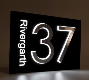 Discover the beautiful Solaris Range of illuminated number and name signs. Incorporating back lit illumination behind custom sized floating numbers in a wide choice of fonts. The Solaris also includes illuminated text making for a truly exceptional and striking sign.